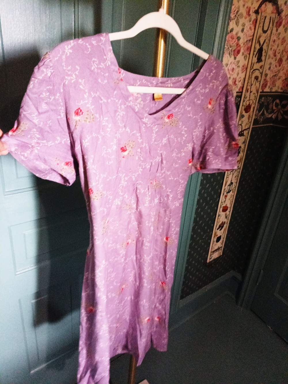 April Cornell Lavender Floral Midi Dress with Red Accents